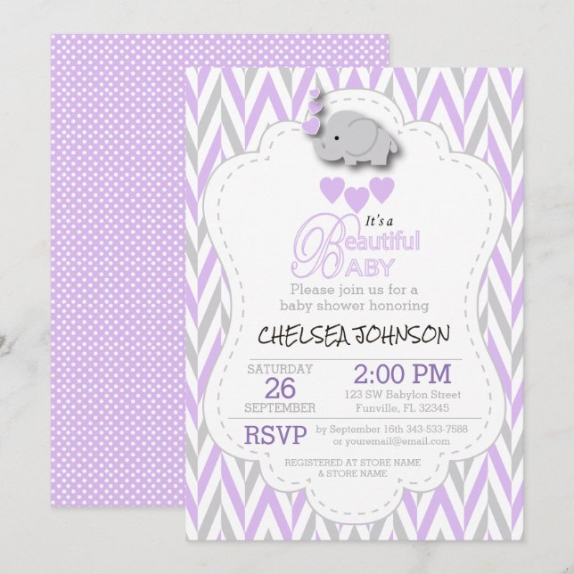 Invitation Baby shower de lavande, blanc et gris d'éléphant (Devant / Derrière)