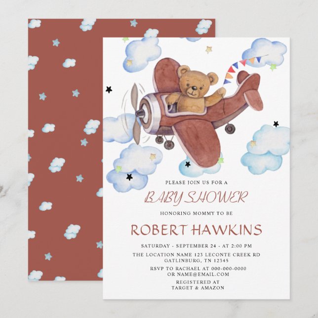 Invitation Baby shower de l'avion de l'ours en peluche (Devant / Derrière)