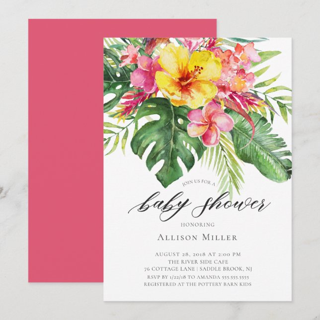Invitation Baby shower de l'Hibiscus tropical (Devant / Derrière)
