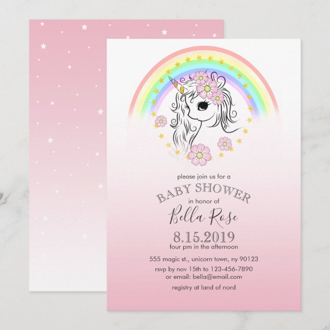 Invitation Baby shower de licorne arc-en-ciel rose (Devant / Derrière)