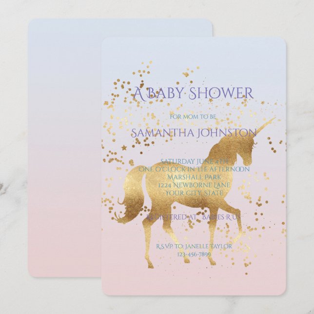 Invitation Baby shower de licorne magique en or (Devant / Derrière)