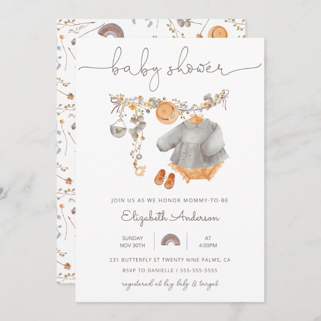 Invitation Baby shower de ligne de linge de bébé (Devant / Derrière)