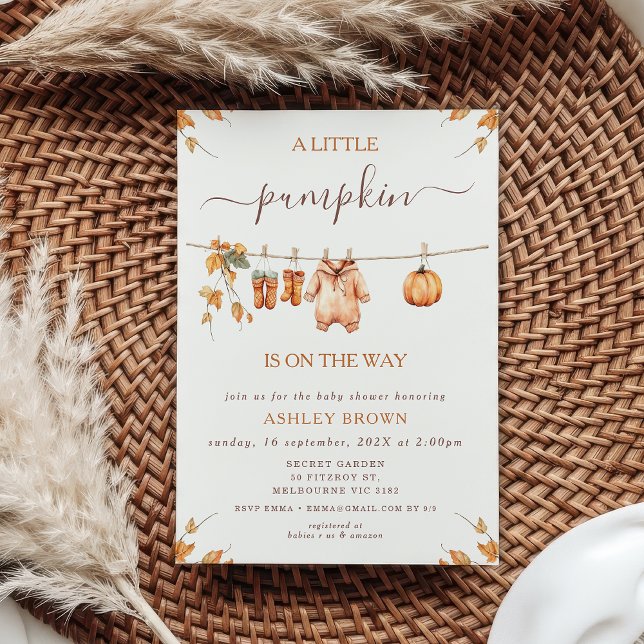 Invitation Baby shower de ligne de tissu rustique Orange Fall (Fall Little Pumpkin Baby Shower Invitation Template, Clothesline Baby Shower Invitation Fall Autumn)