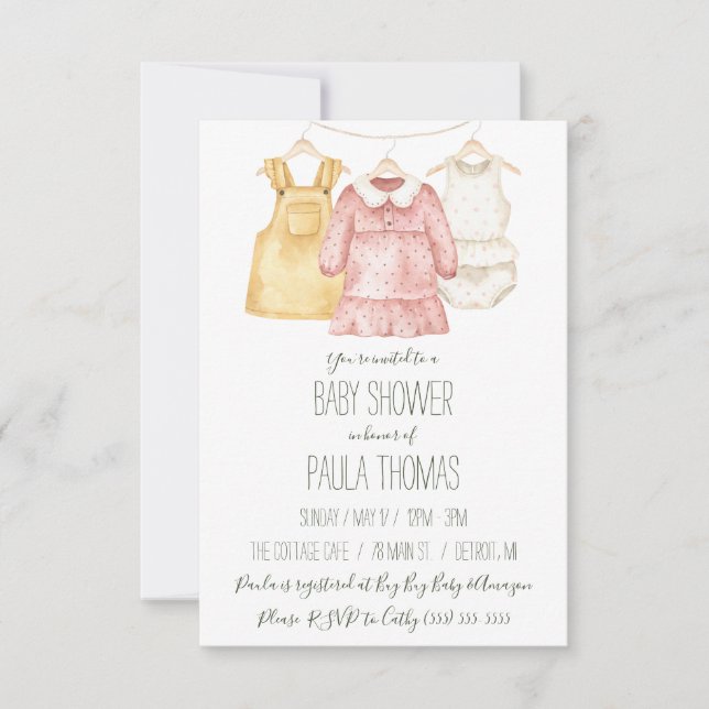 Invitation Baby shower de linge de bébé pour fille (Devant)