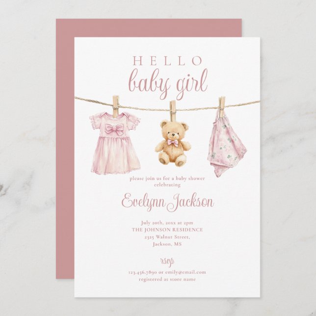 Invitation Baby shower de linge mignon rose fille (Devant / Derrière)