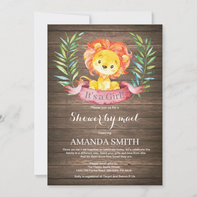 Invitation Baby shower de lion de fille rustique par invitati (Devant)