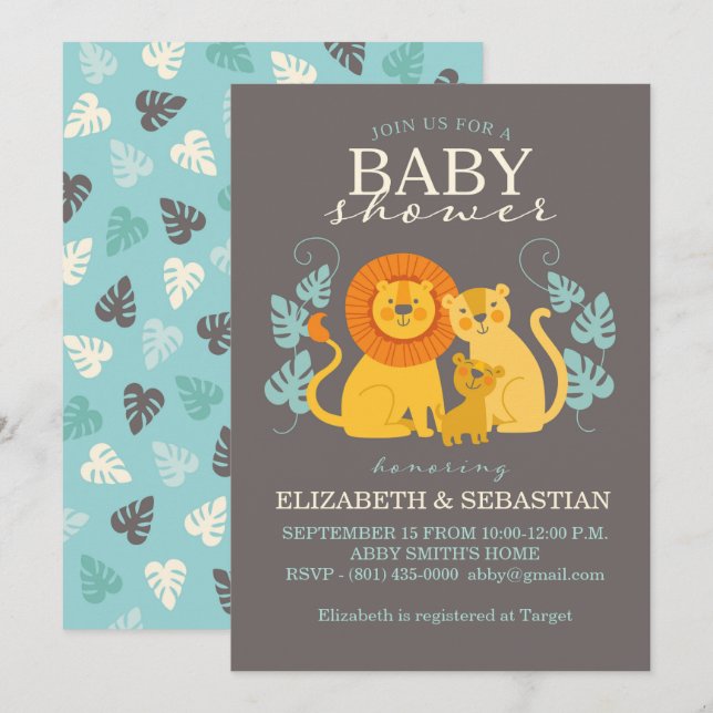 Invitation Baby shower de Lion de la Jungle Safari (Devant / Derrière)