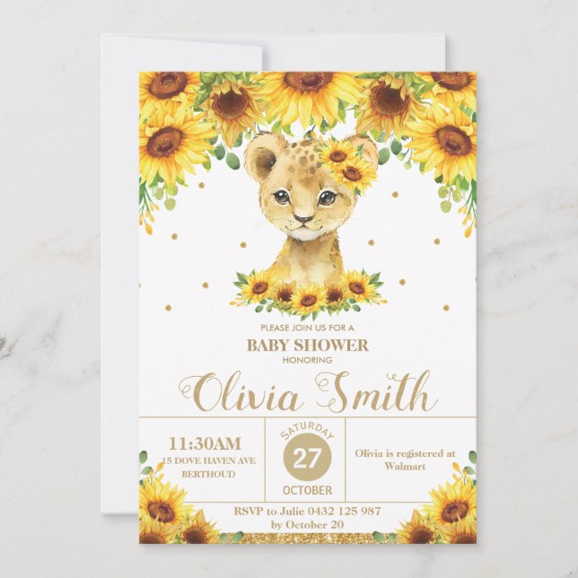Invitation Baby shower de lion floral de tournesol (Devant)