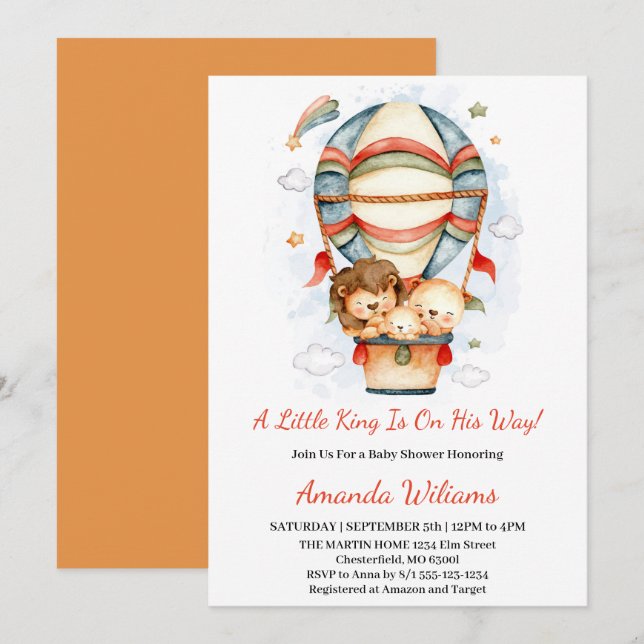 Invitation Baby shower de Lion Little King de ballon à air ch (Devant / Derrière)