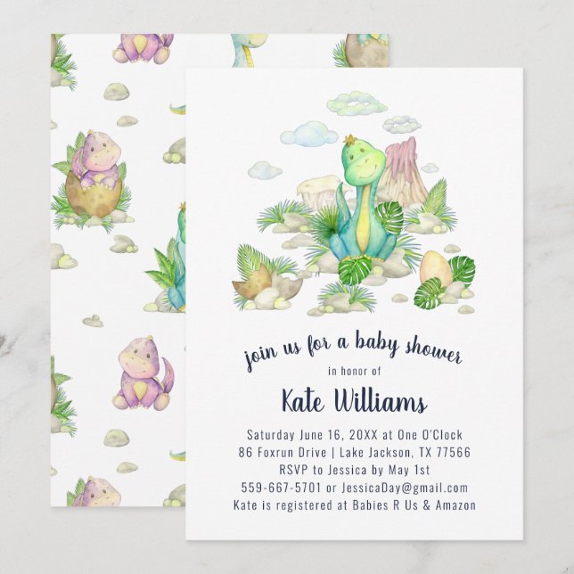 Invitation Baby shower de Little Dinosaur (Devant / Derrière)