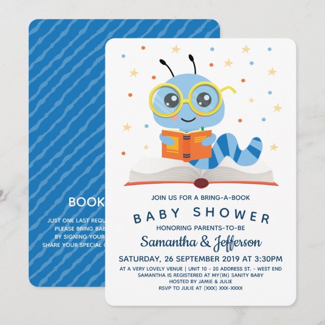 Invitation Baby shower de livre de ver de livre bleu (Devant / Derrière)