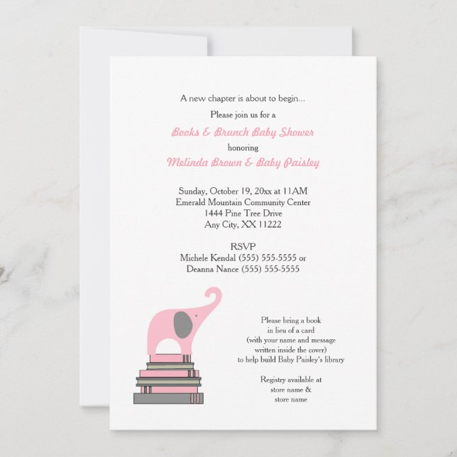 Invitation Baby shower de livre d'éléphant rose/fille brunch (Devant)