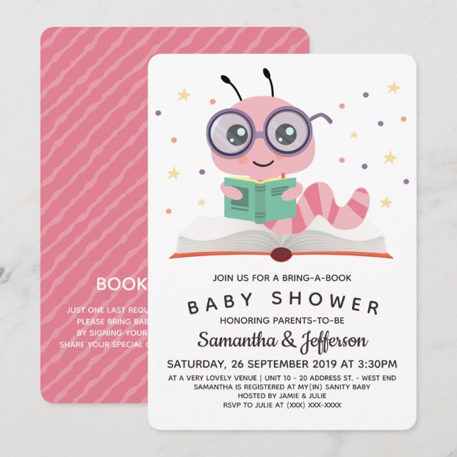 Invitation Baby shower de livre Pink Bookworm (Devant / Derrière)