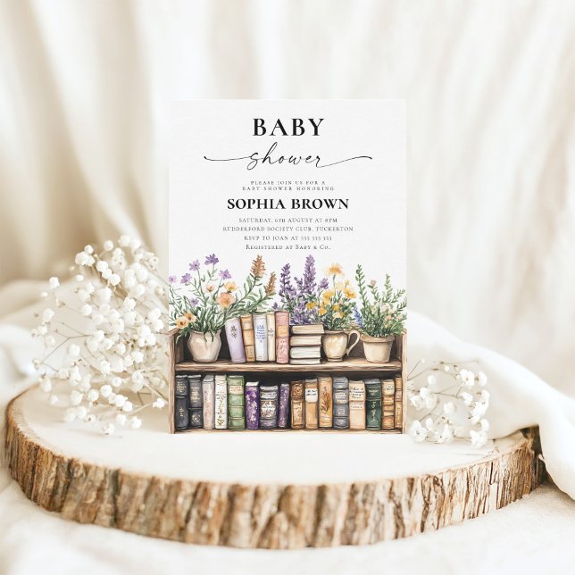 Invitation Baby shower de livres de bibliothèque fleur sauvag (Créateur téléchargé)