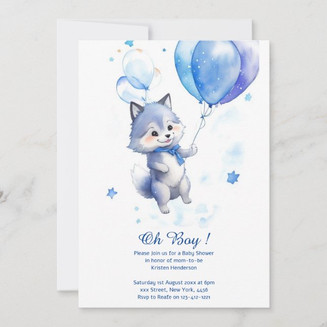 Invitation Baby shower de loup d'aquarelle (Devant)