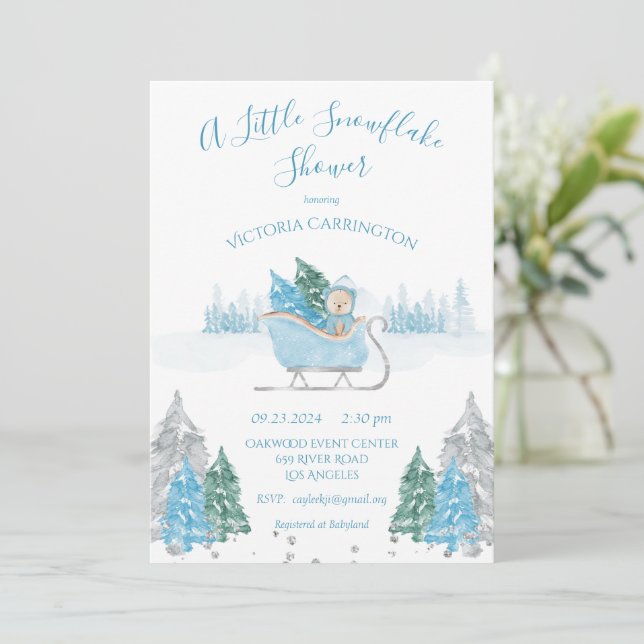 Invitation Baby shower de l'ours à flocon bleu (Debout devant)