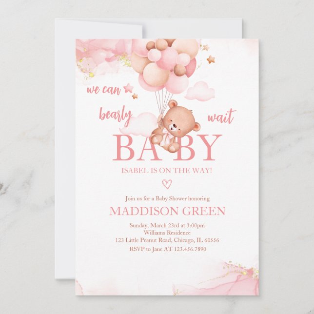 Invitation Baby shower de l'ours Boho Rose (Devant)