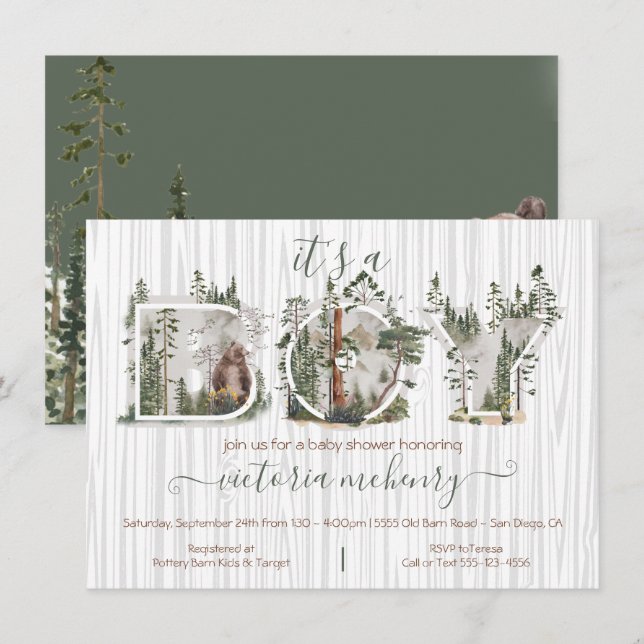Invitation Baby shower de l'ours d'aquarelle forestière (Devant / Derrière)