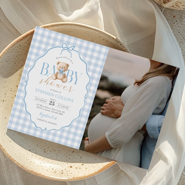 Invitation Baby shower de l'ours en En vichy bleu (Créateur téléchargé)