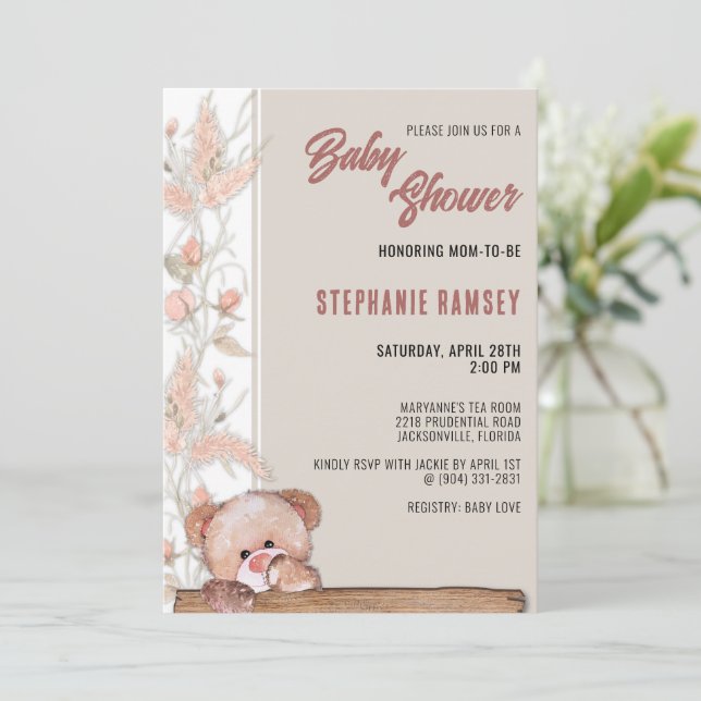 Invitation Baby shower de l'ours en peluche Boho (Debout devant)