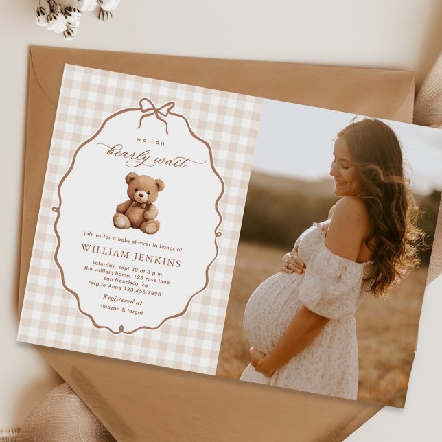 Invitation Baby shower de l'ours en peluche En vichy neutre (Créateur téléchargé)