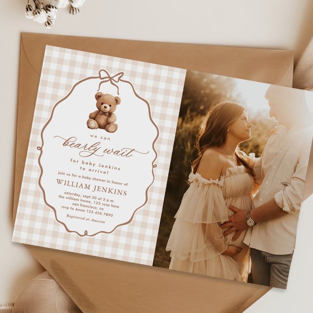 Invitation Baby shower de l'ours en peluche En vichy neutre (Créateur téléchargé)
