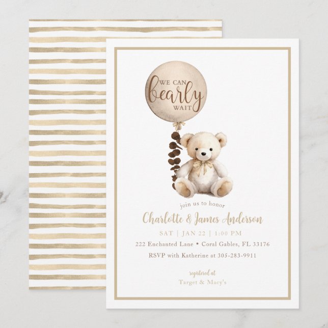 Invitation Baby shower de l'ours en peluche et de l'eucalyptu (Devant / Derrière)