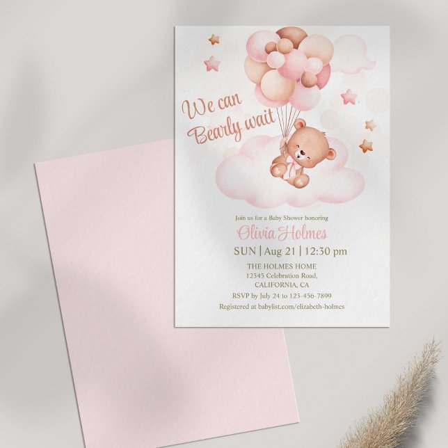 Invitation Baby shower de l'ours en peluche et des (Teddy Bear with Pink Balloons Shower Invitation on table )