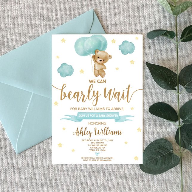 Invitation Baby shower de l'ours en peluche et des ballons bl (Créateur téléchargé)