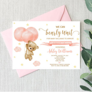 Invitation Baby shower de l'ours en peluche et des ballons ro
