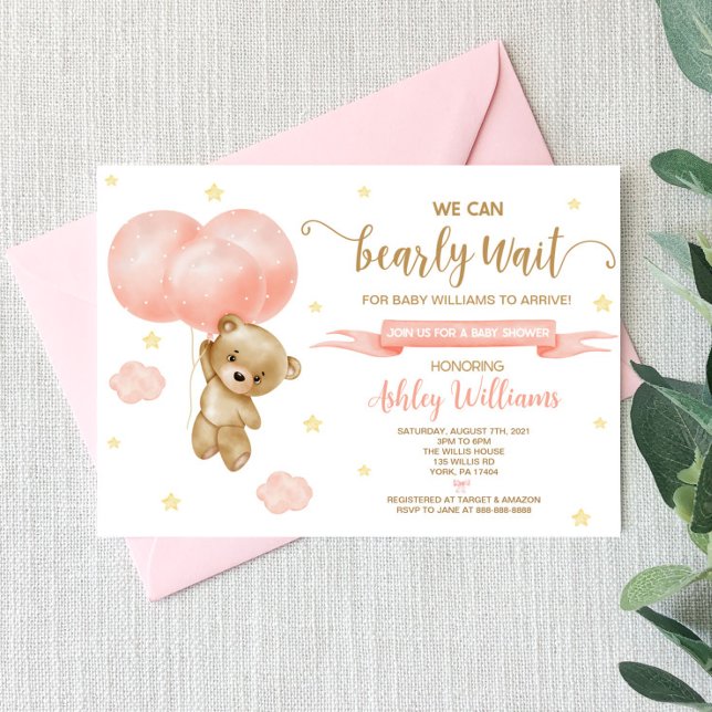 Invitation Baby shower de l'ours en peluche et des ballons ro (Créateur téléchargé)