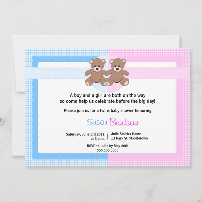 Invitation Baby shower de l'ours en peluche - Jumeau garçon e (Devant)