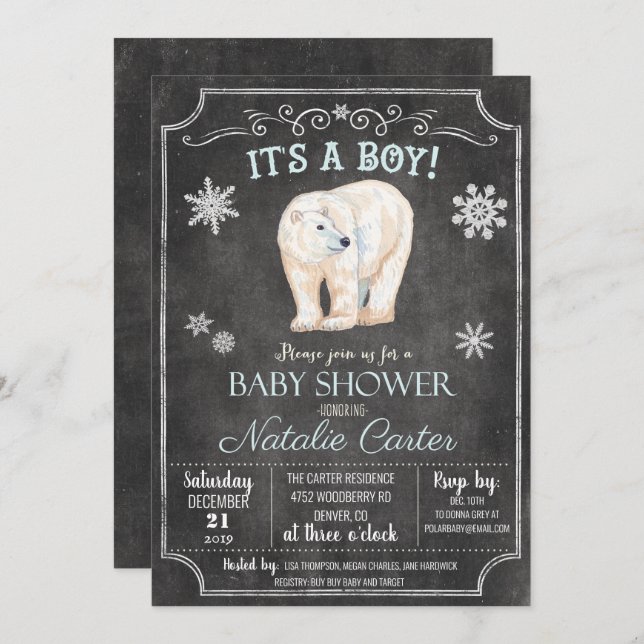 Invitation Baby shower de l'ours polaire (Devant / Derrière)
