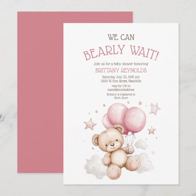 Invitation Baby shower de l'ours rose d'attente (Devant / Derrière)