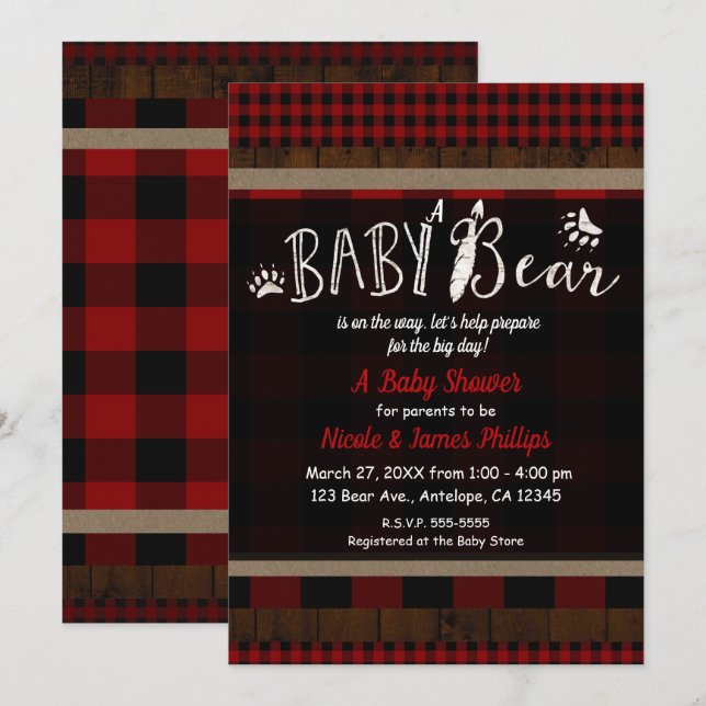 Invitation Baby shower de l'ours roux à plaid rustique Unisex (Devant / Derrière)