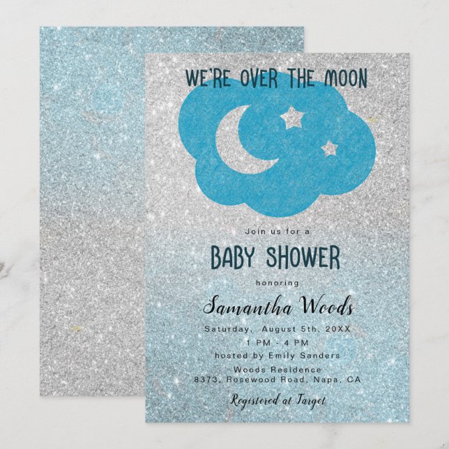 Invitation Baby shower de lune d'argent et de Parties scintil (Devant / Derrière)