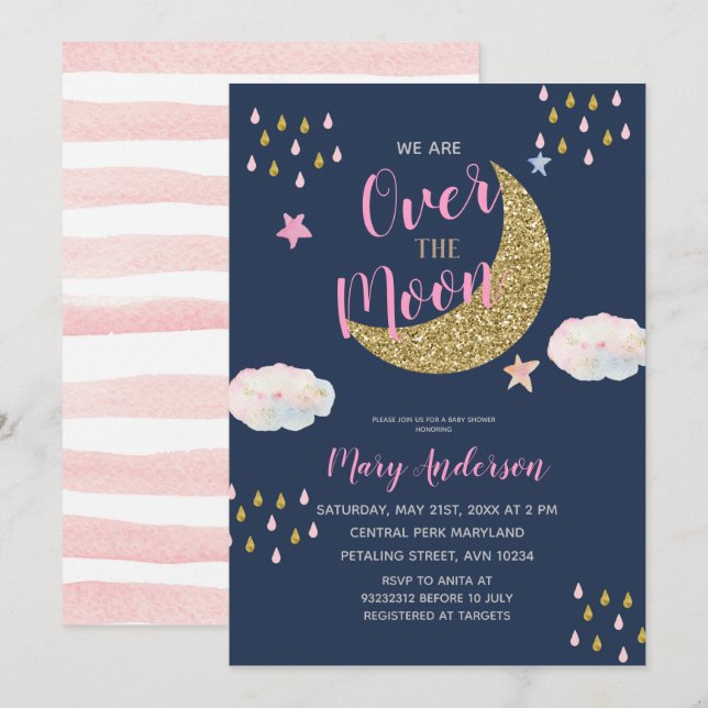 Invitation Baby shower de lune d'or rose (Devant / Derrière)