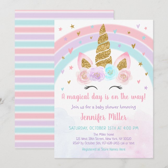 Invitation Baby shower de l'Unicorn Rainbow Pastel (Devant / Derrière)