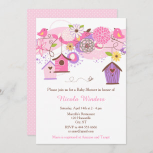 Invitation Baby shower de maisons d'oiseaux floraux rose et v