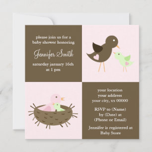 Invitation Baby shower de maman rose et d'oiseaux