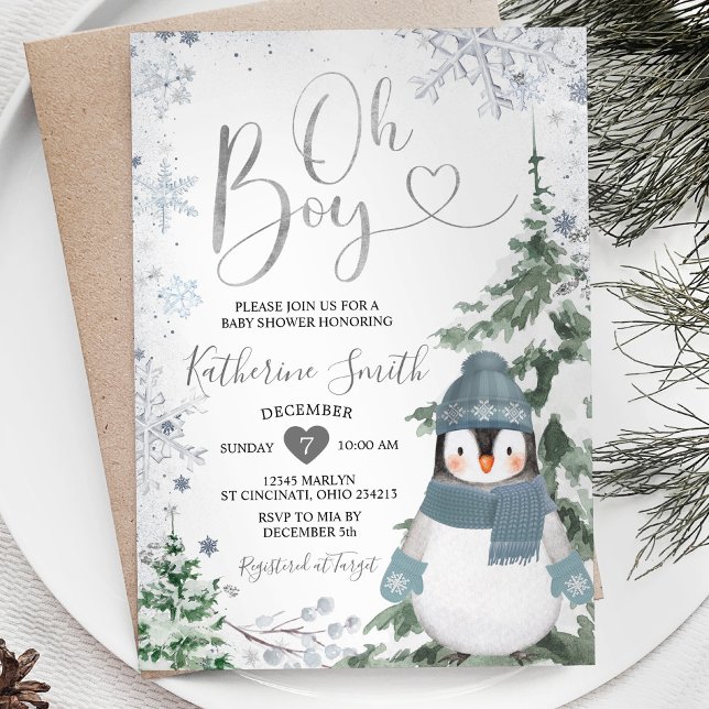 Invitation Baby shower de manchot d'hiver Silver Snowflakes (Créateur téléchargé)