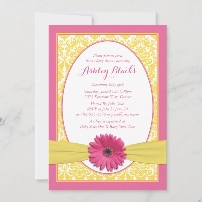 Invitation Baby shower de marguerite rose jaune (Devant)