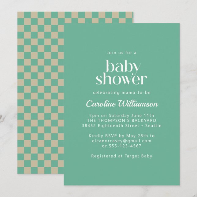 Invitation Baby shower de menthe en damier esthétique rétro (Devant / Derrière)