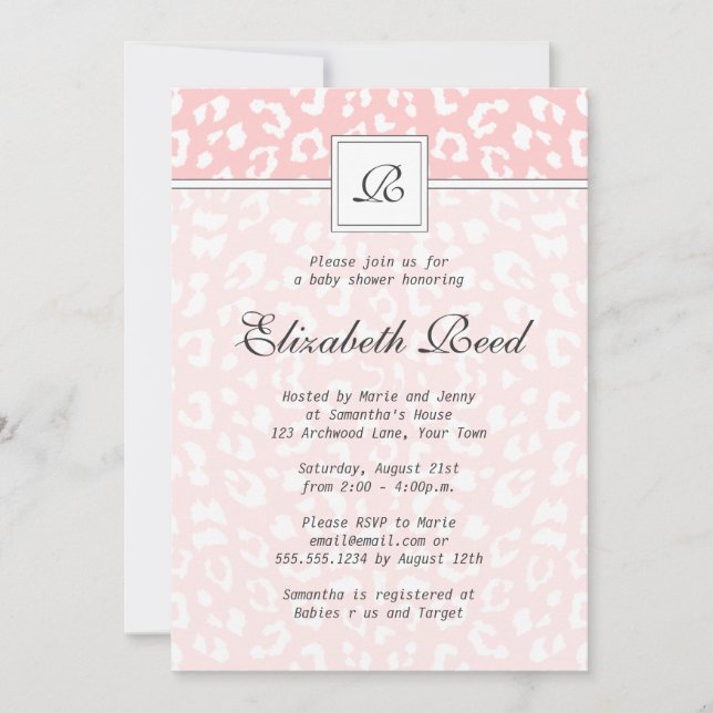 Invitation Baby shower de monogramme Empreinte de léopard ros (Devant)