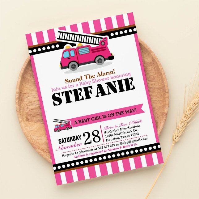 Invitation Baby shower de moteur à incendie rose (Créateur téléchargé)
