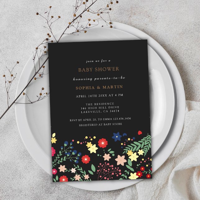 Invitation Baby shower de Motif Fleur sauvage Black Elegant (Black Elegant Wildflower Pattern Baby Shower Invitation)