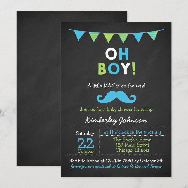 Invitation Baby shower de moustache bleu et vert (Devant / Derrière)