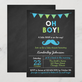 Invitation Baby shower de moustache bleu et vert