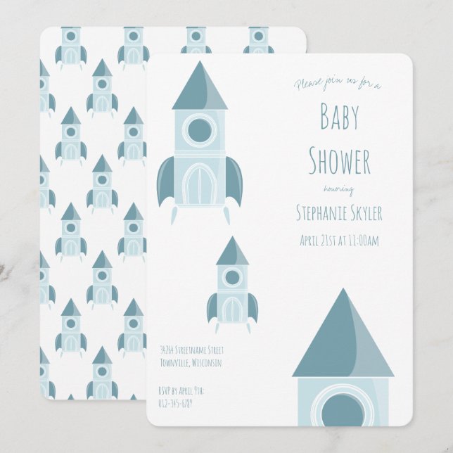 Invitation Baby shower de navire à roquettes bleu blanc illus (Devant / Derrière)