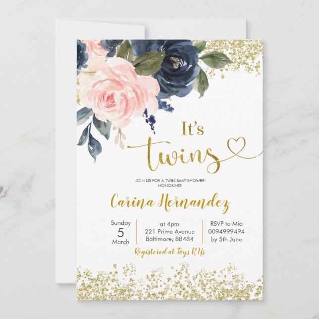 Invitation Baby shower de Navy et Blush Twins (Devant)